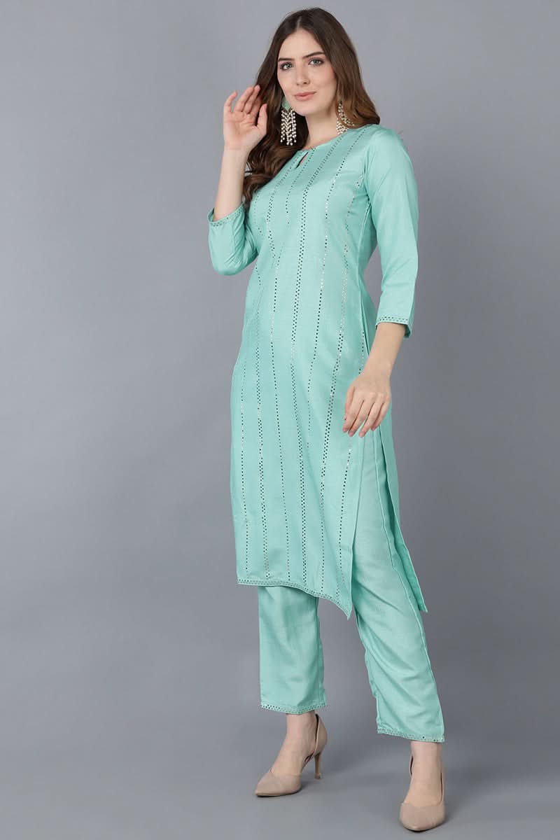 Sea Green Poly Silk Straight Suit Set | SHOBITAM