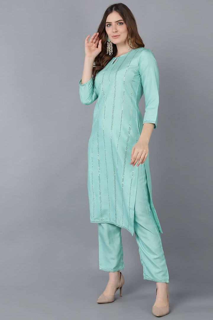 Sea Green Poly Silk Straight Suit Set | SHOBITAM