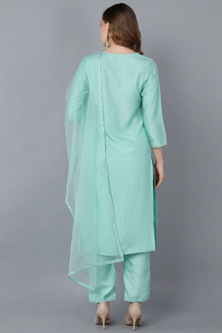Sea Green Poly Silk Straight Suit Set | SHOBITAM