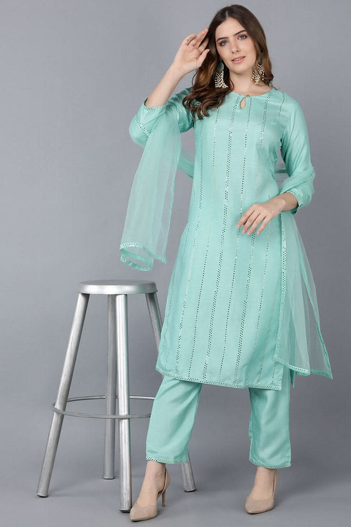 Sea Green Poly Silk Straight Suit Set | SHOBITAM
