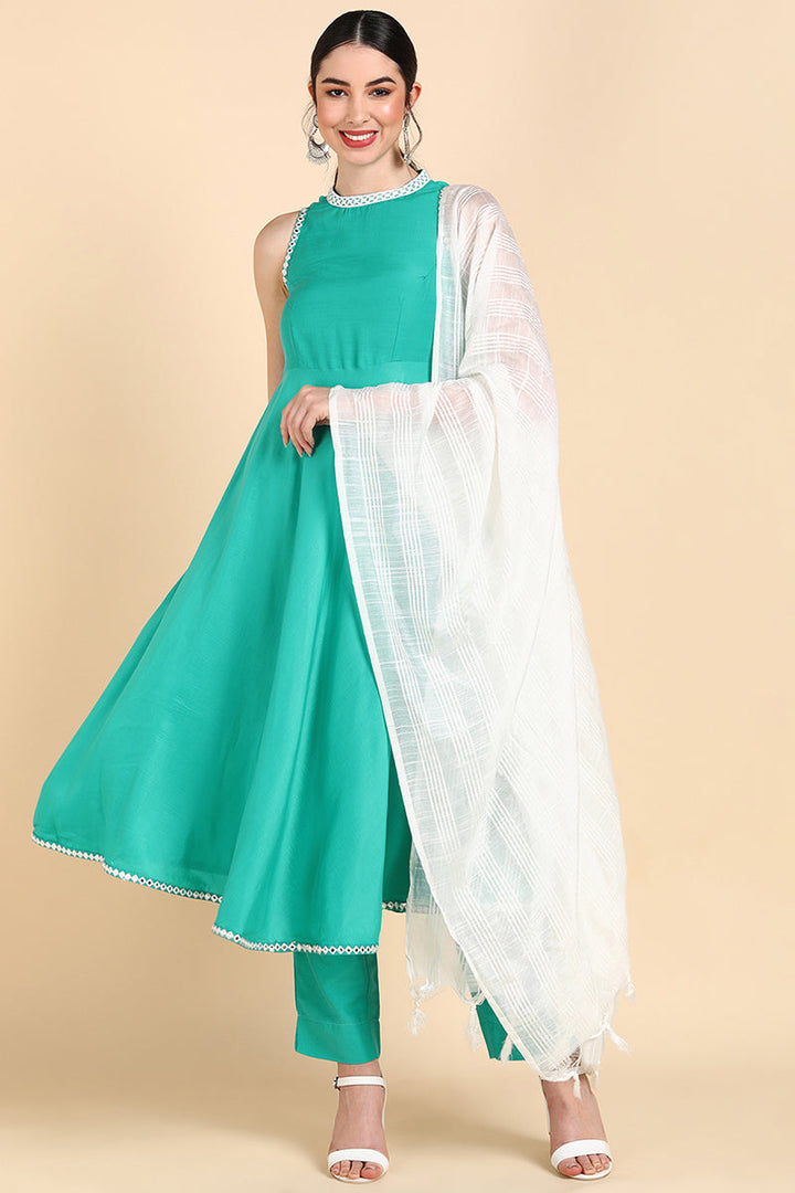 Green Poly Silk Anarkali Suit Set | SHOBITAM