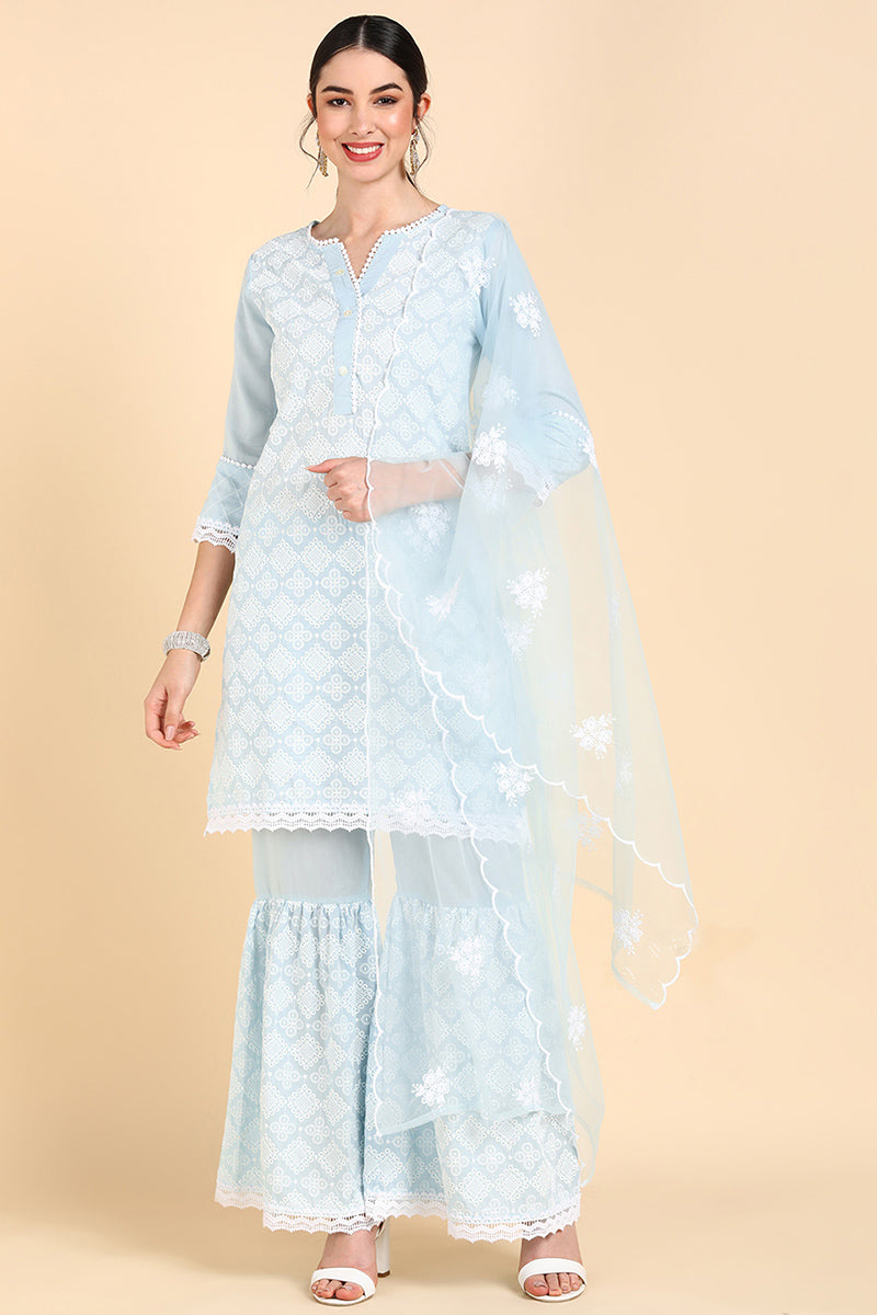 Blue Poly Silk Embroidered Sharara Suit Set  | SHOBITAM