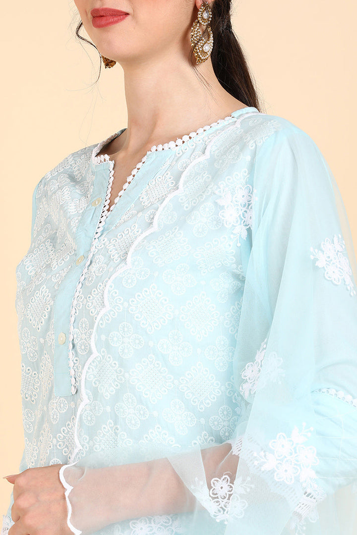 Blue Poly Silk Embroidered Sharara Suit Set  | SHOBITAM