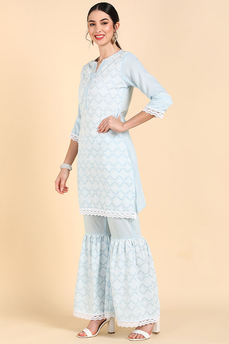 Blue Poly Silk Embroidered Sharara Suit Set  | SHOBITAM