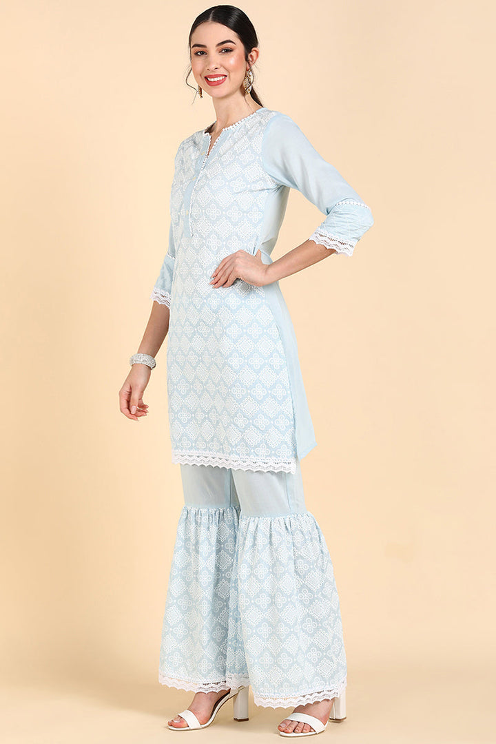 Blue Poly Silk Embroidered Sharara Suit Set  | SHOBITAM