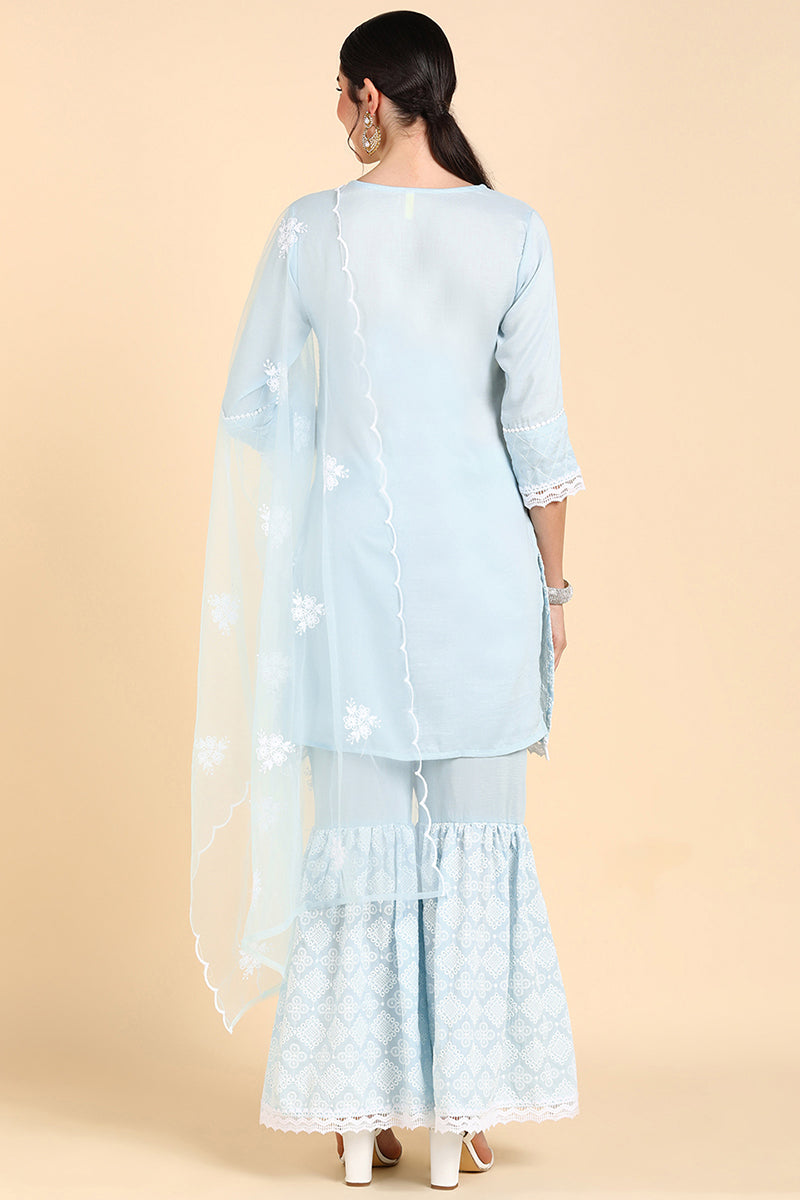 Blue Poly Silk Embroidered Sharara Suit Set  | SHOBITAM