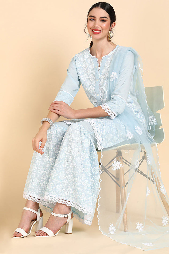Blue Poly Silk Embroidered Sharara Suit Set  | SHOBITAM