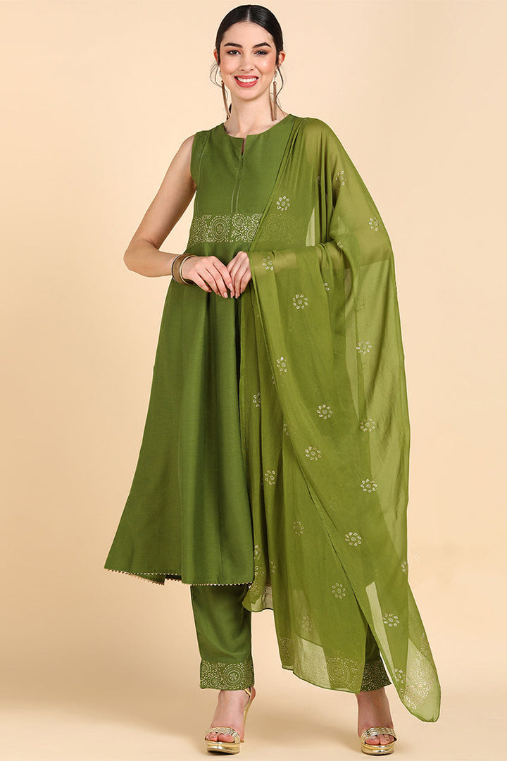 Olive Green Poly Silk Flared Suit Set  | SHOBITAM