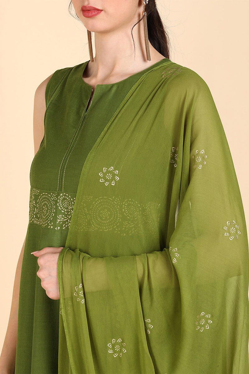 Olive Green Poly Silk Flared Suit Set  | SHOBITAM