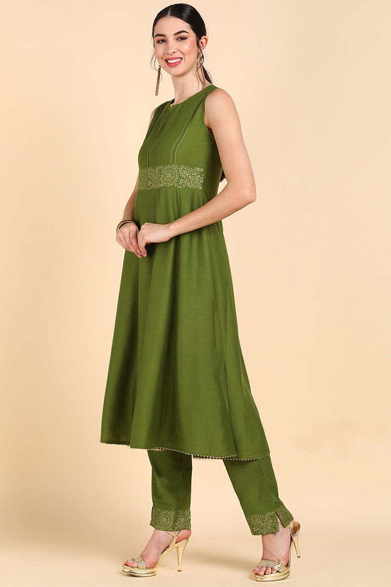 Olive Green Poly Silk Flared Suit Set  | SHOBITAM