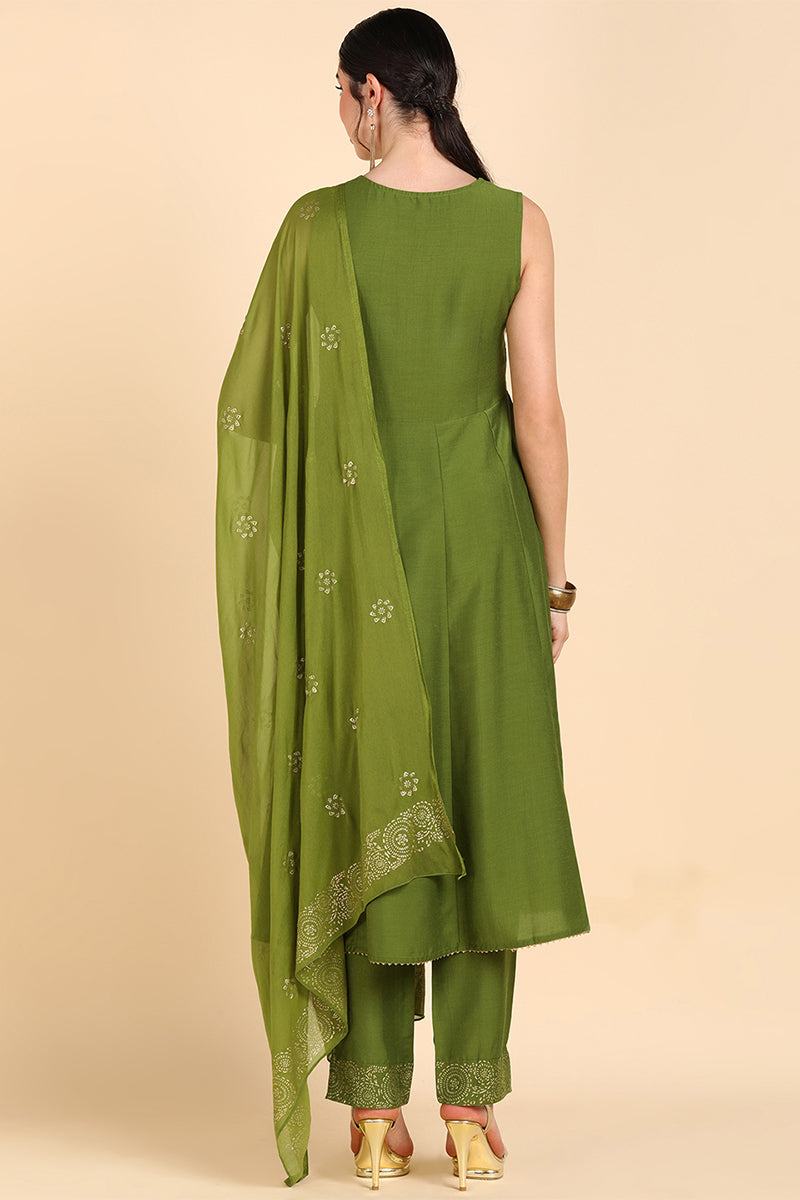 Olive Green Poly Silk Flared Suit Set  | SHOBITAM