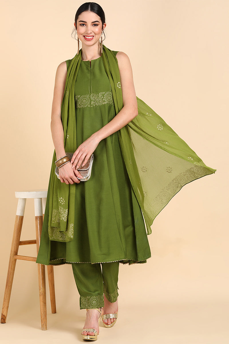 Olive Green Poly Silk Flared Suit Set  | SHOBITAM