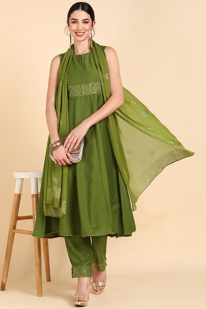 Olive Green Poly Silk Flared Suit Set  | SHOBITAM