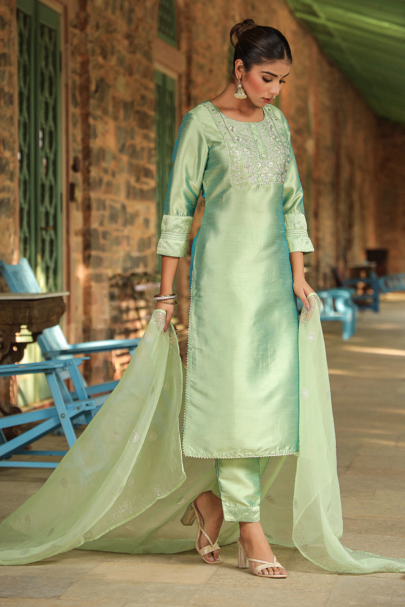 Green Floral Yoke Design Panelled Suit Set | SHOBITAM