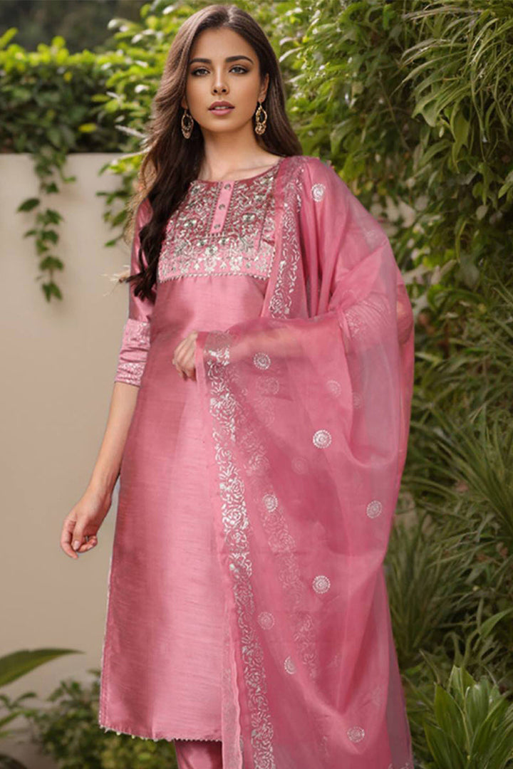 Pink Floral Yoke Design Panelled Suit Set | SHOBITAM