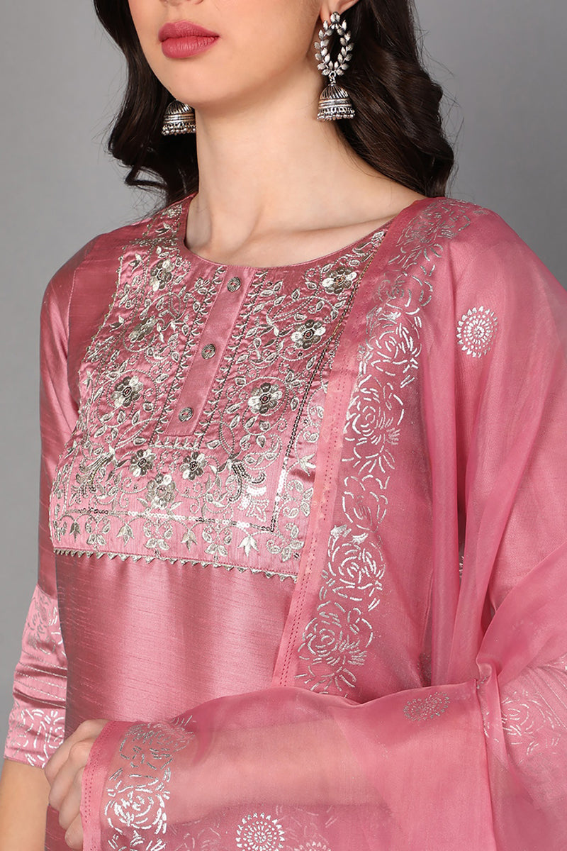 Pink Floral Yoke Design Panelled Suit Set | SHOBITAM