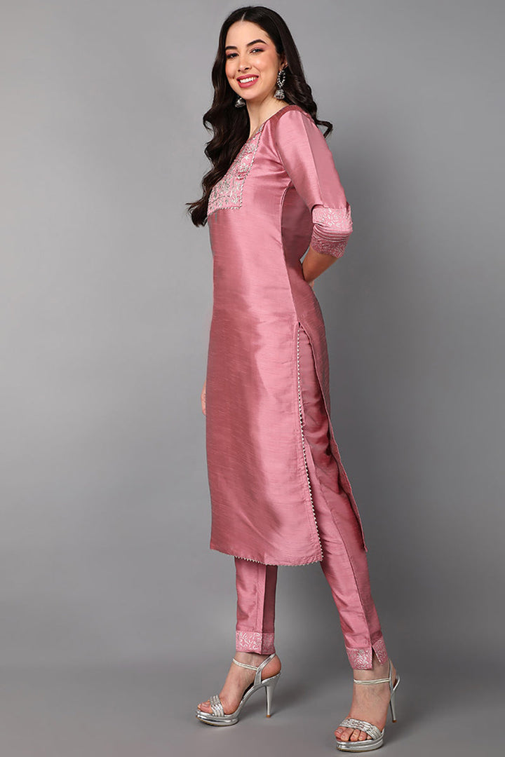 Pink Floral Yoke Design Panelled Suit Set | SHOBITAM