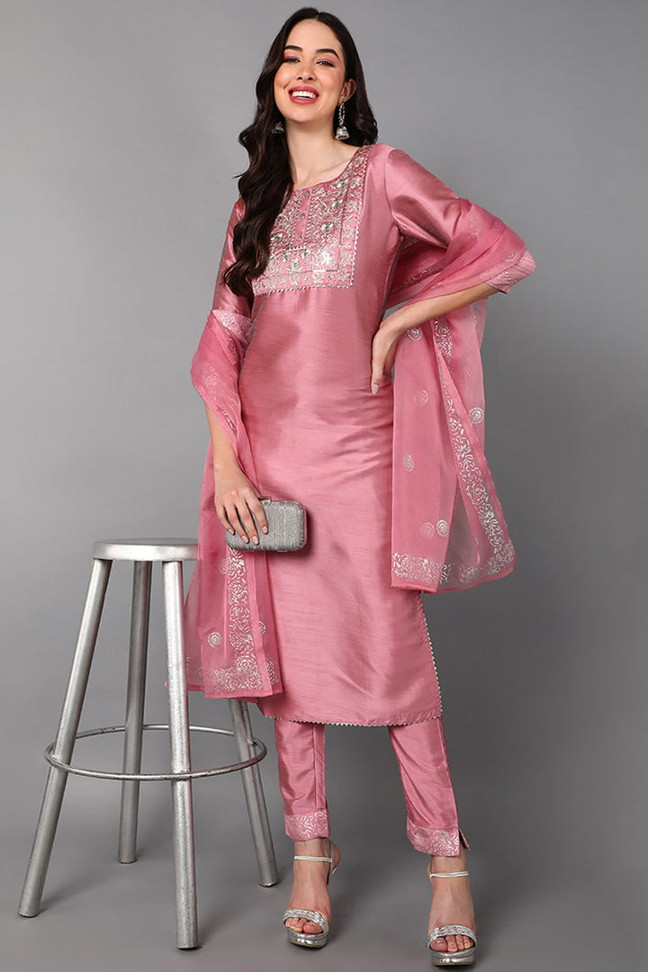 Pink Floral Yoke Design Panelled Suit Set | SHOBITAM