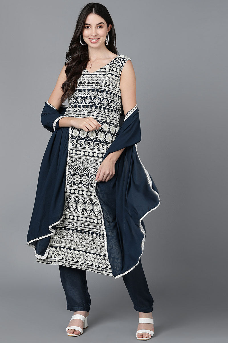 Teal Poly Georgette Embroidered Kurta Trouser With Dupatta   | SHOBITAM