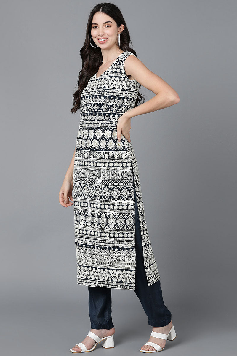 Teal Poly Georgette Embroidered Kurta Trouser With Dupatta   | SHOBITAM