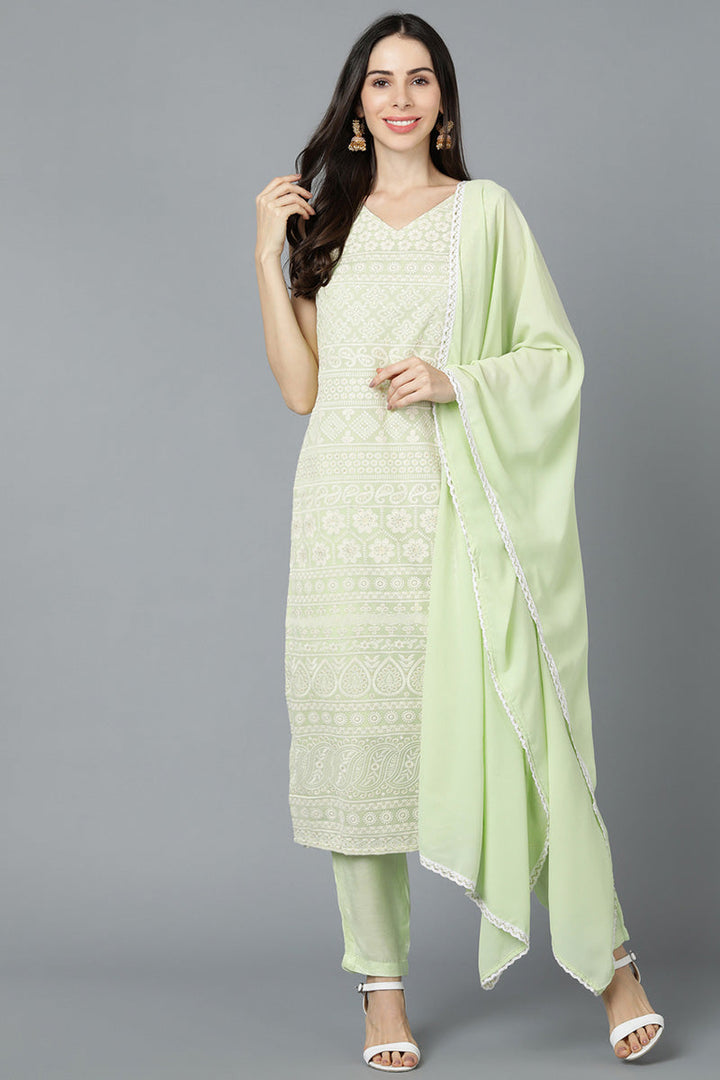 Light Green Poly Georgette Straight Kurta Pant With Dupatta Set  | SHOBITAM