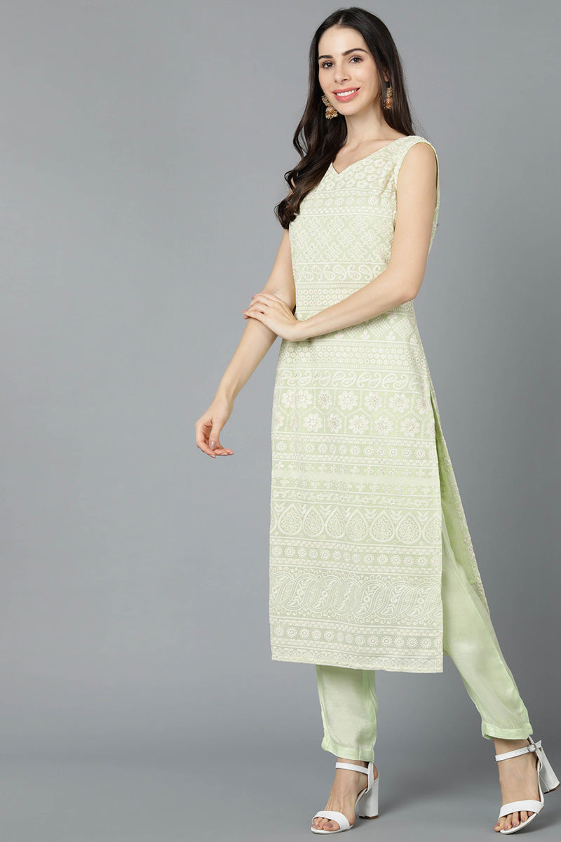 Light Green Poly Georgette Straight Kurta Pant With Dupatta Set  | SHOBITAM