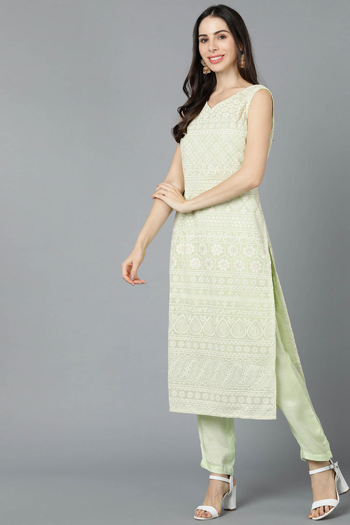 Light Green Poly Georgette Straight Kurta Pant With Dupatta Set  | SHOBITAM