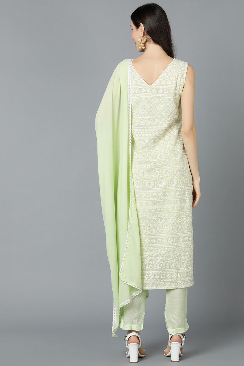 Light Green Poly Georgette Straight Kurta Pant With Dupatta Set  | SHOBITAM