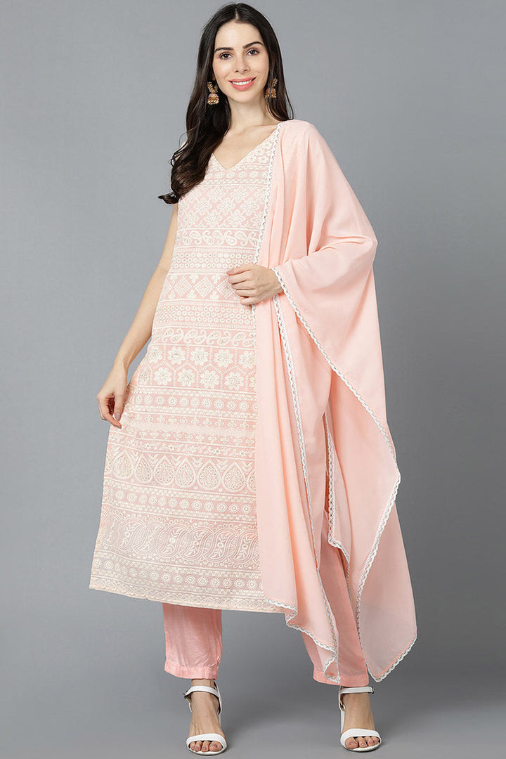 Peach Poly Georgette Straight Kurta Pant With Dupatta Set  | SHOBITAM