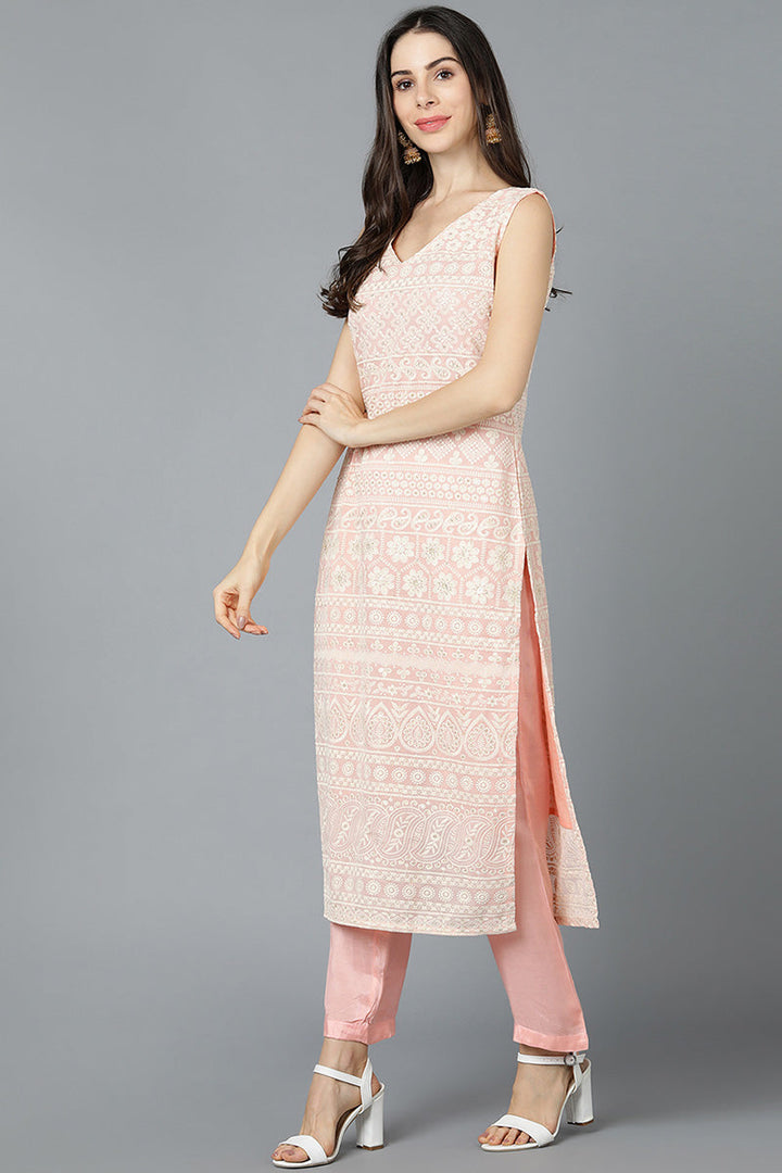 Peach Poly Georgette Straight Kurta Pant With Dupatta Set  | SHOBITAM
