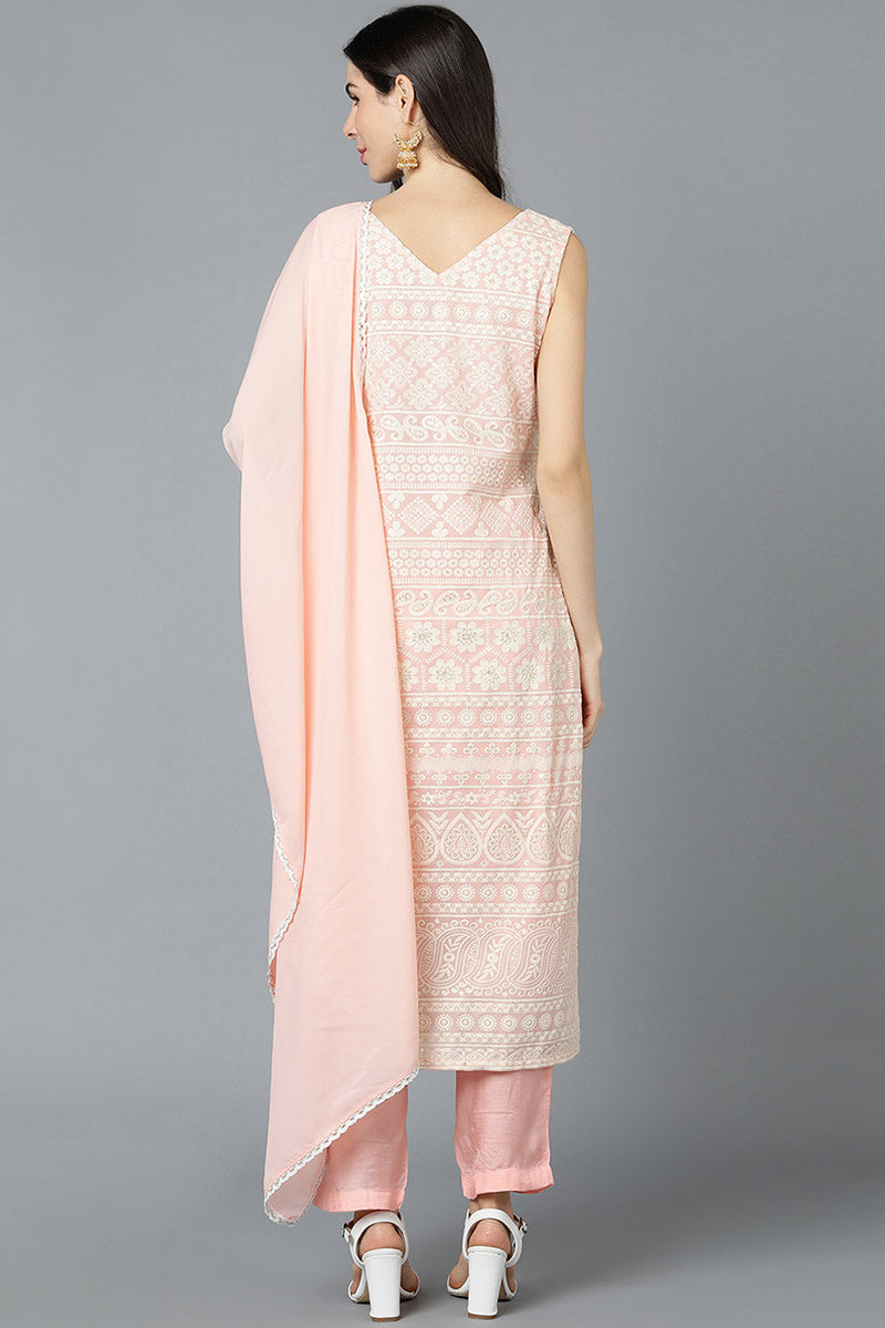 Peach Poly Georgette Straight Kurta Pant With Dupatta Set  | SHOBITAM
