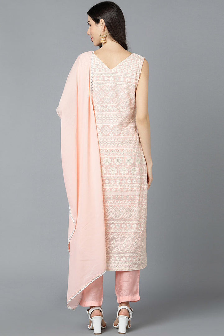 Peach Poly Georgette Straight Kurta Pant With Dupatta Set  | SHOBITAM