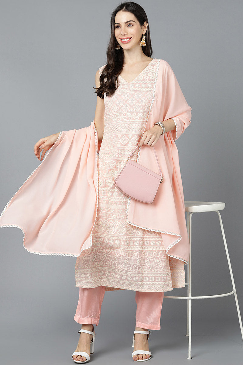 Peach Poly Georgette Straight Kurta Pant With Dupatta Set  | SHOBITAM