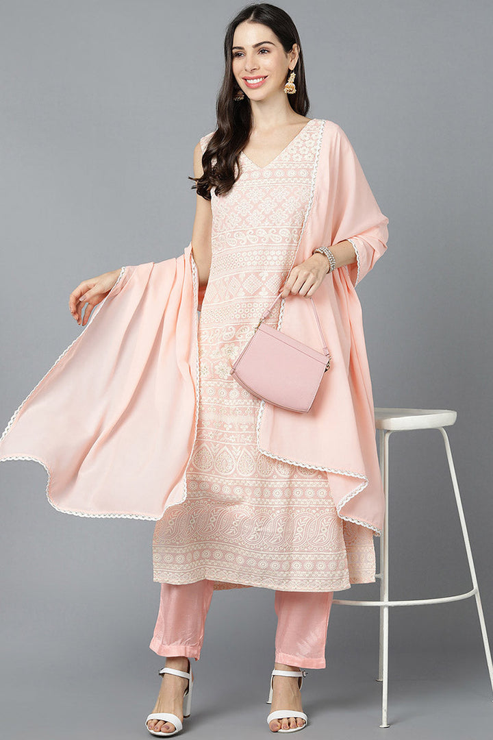 Peach Poly Georgette Straight Kurta Pant With Dupatta Set  | SHOBITAM
