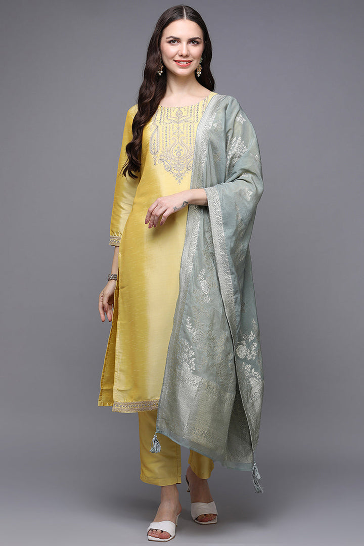 Yellow Poly Silk Floral Straight Suit Set | SHOBITAM