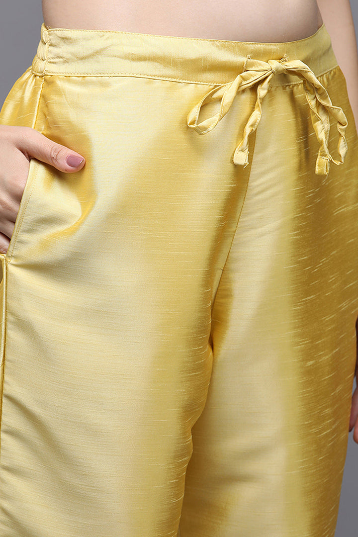 Yellow Poly Silk Floral Straight Suit Set | SHOBITAM