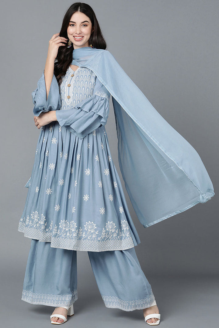 Women Blue Poly Silk Embroidered Kurta Sharara With Dupatta  | SHOBITAM