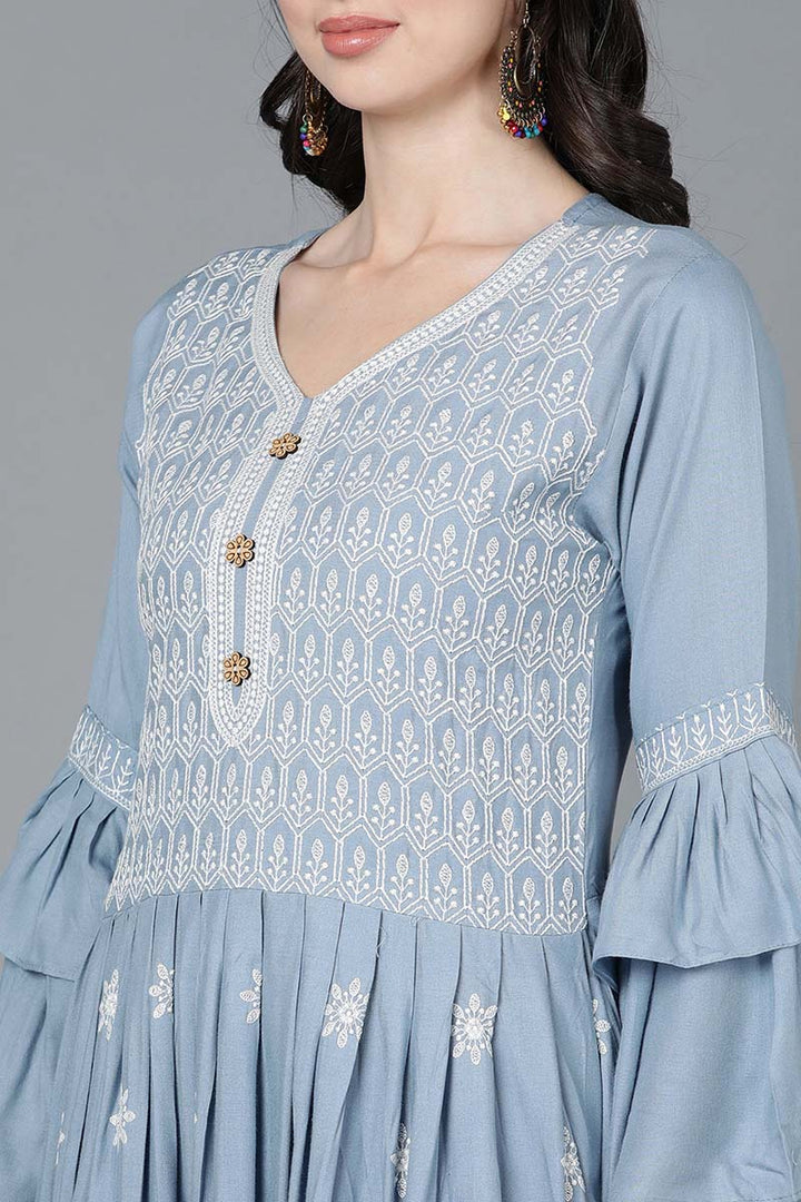 Women Blue Poly Silk Embroidered Kurta Sharara With Dupatta  | SHOBITAM