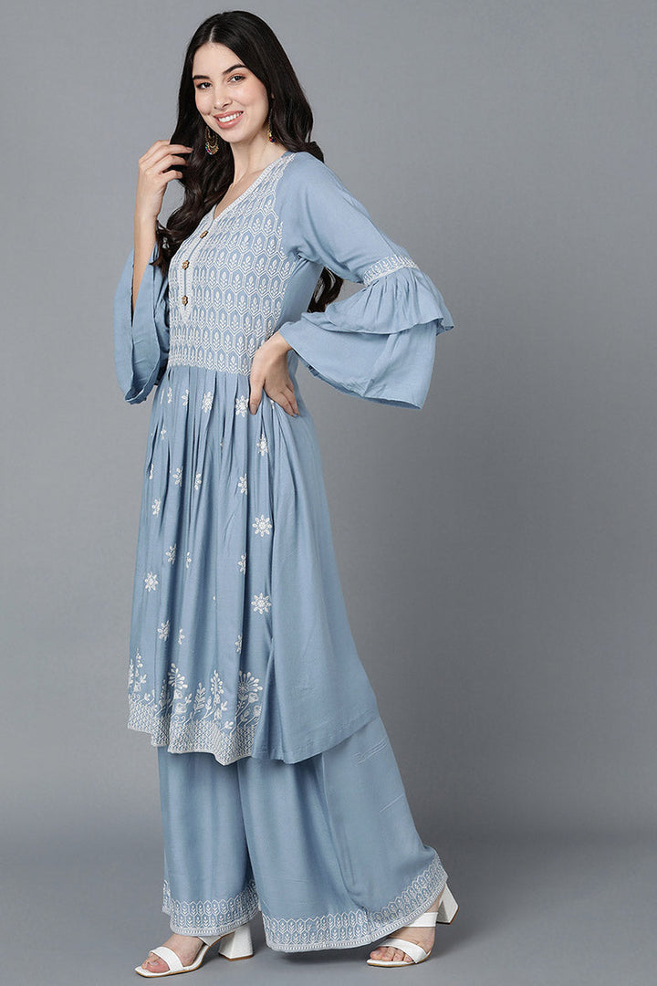 Women Blue Poly Silk Embroidered Kurta Sharara With Dupatta  | SHOBITAM