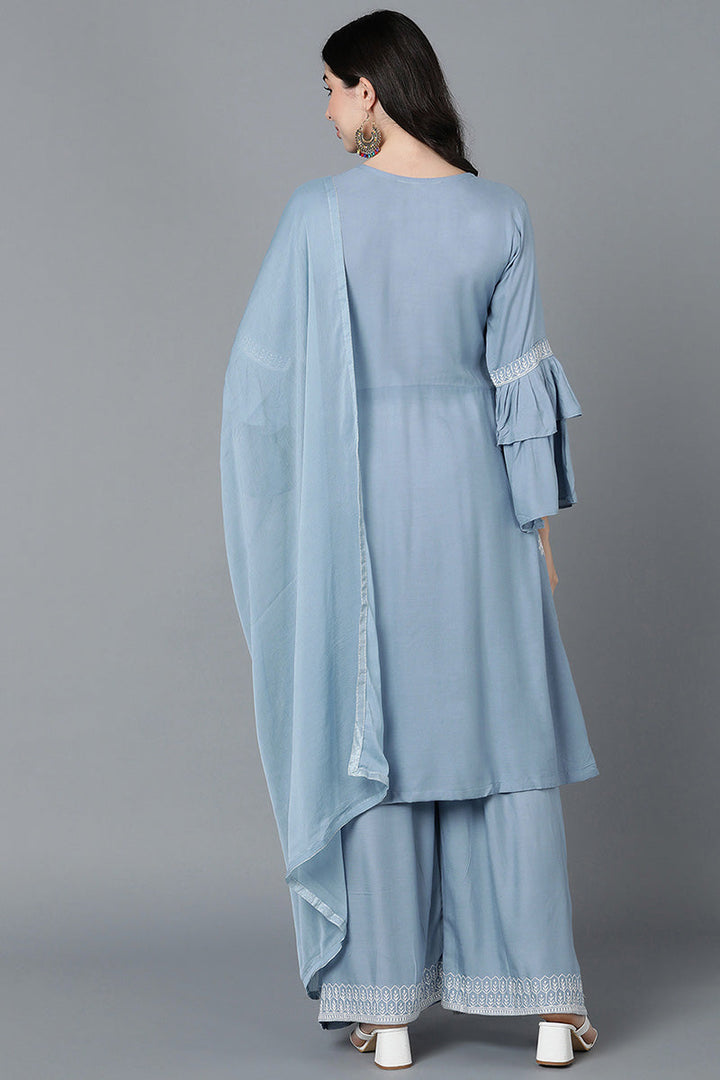 Women Blue Poly Silk Embroidered Kurta Sharara With Dupatta  | SHOBITAM