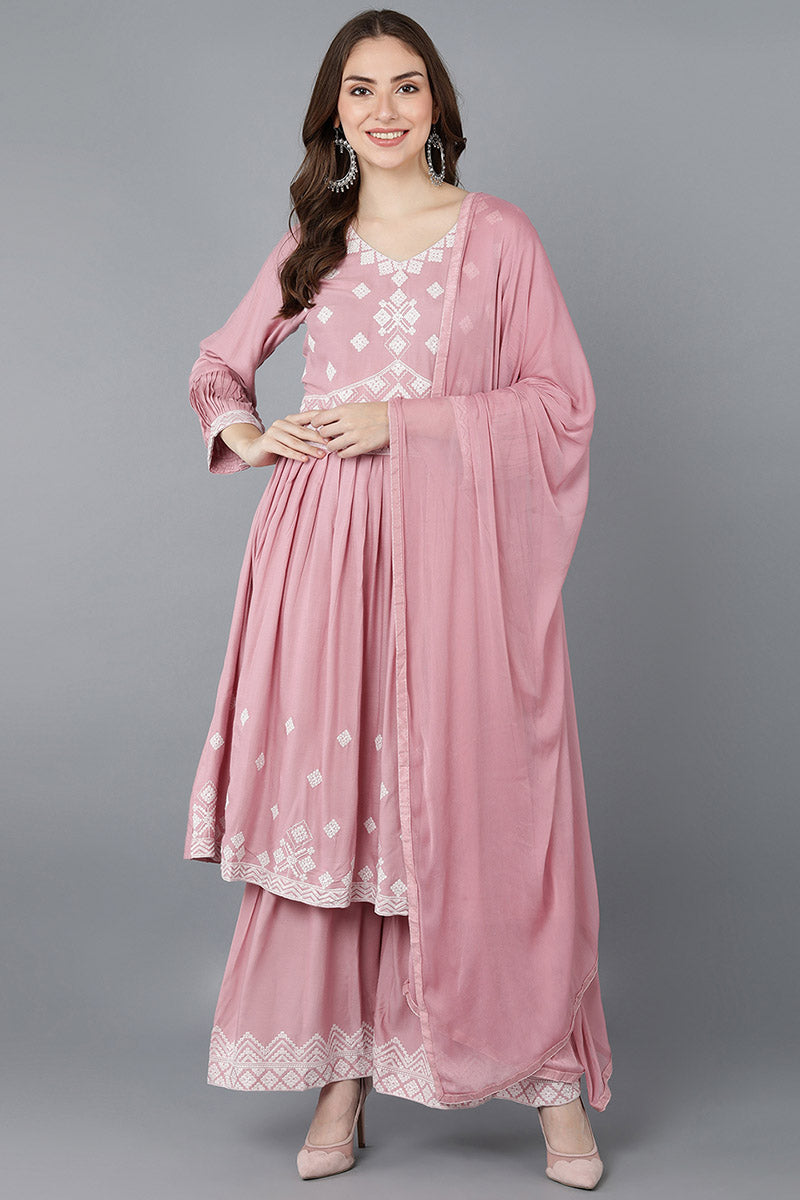 Pink Poly Silk Anarkali Kurta Sharara With Dupatta Set  | SHOBITAM