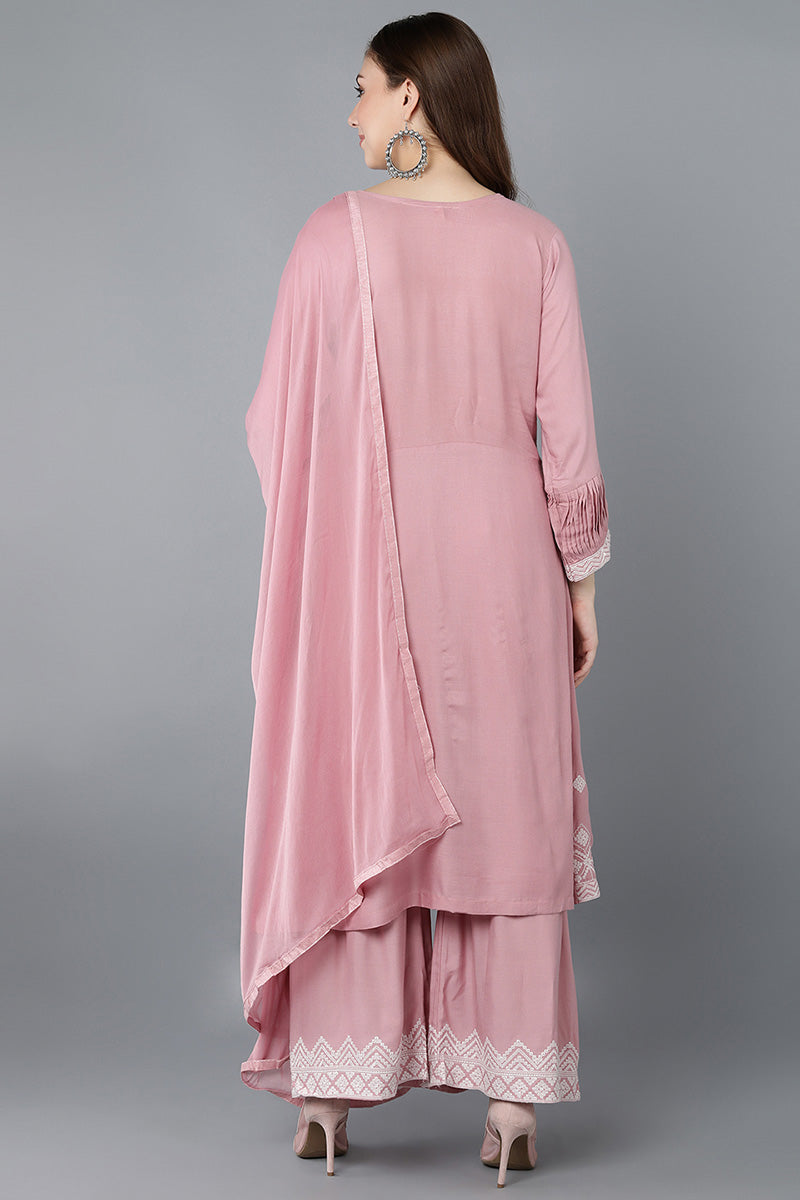 Pink Poly Silk Anarkali Kurta Sharara With Dupatta Set  | SHOBITAM