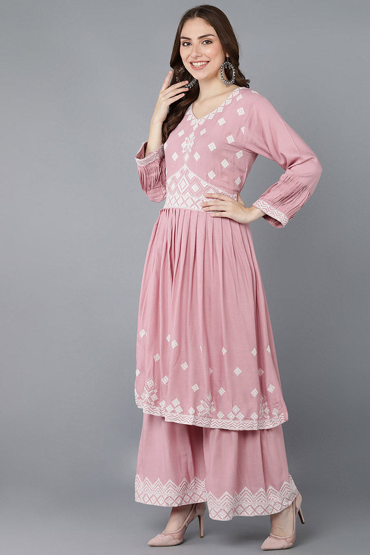 Pink Poly Silk Anarkali Kurta Sharara With Dupatta Set  | SHOBITAM