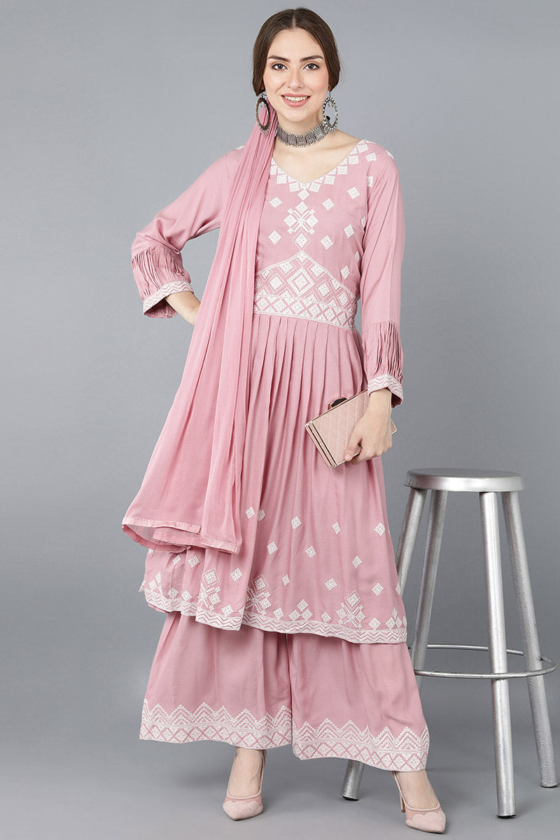 Pink Poly Silk Anarkali Kurta Sharara With Dupatta Set  | SHOBITAM