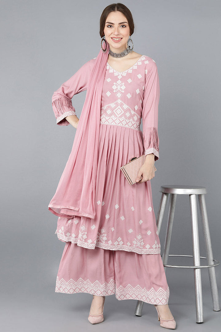 Pink Poly Silk Anarkali Kurta Sharara With Dupatta Set  | SHOBITAM
