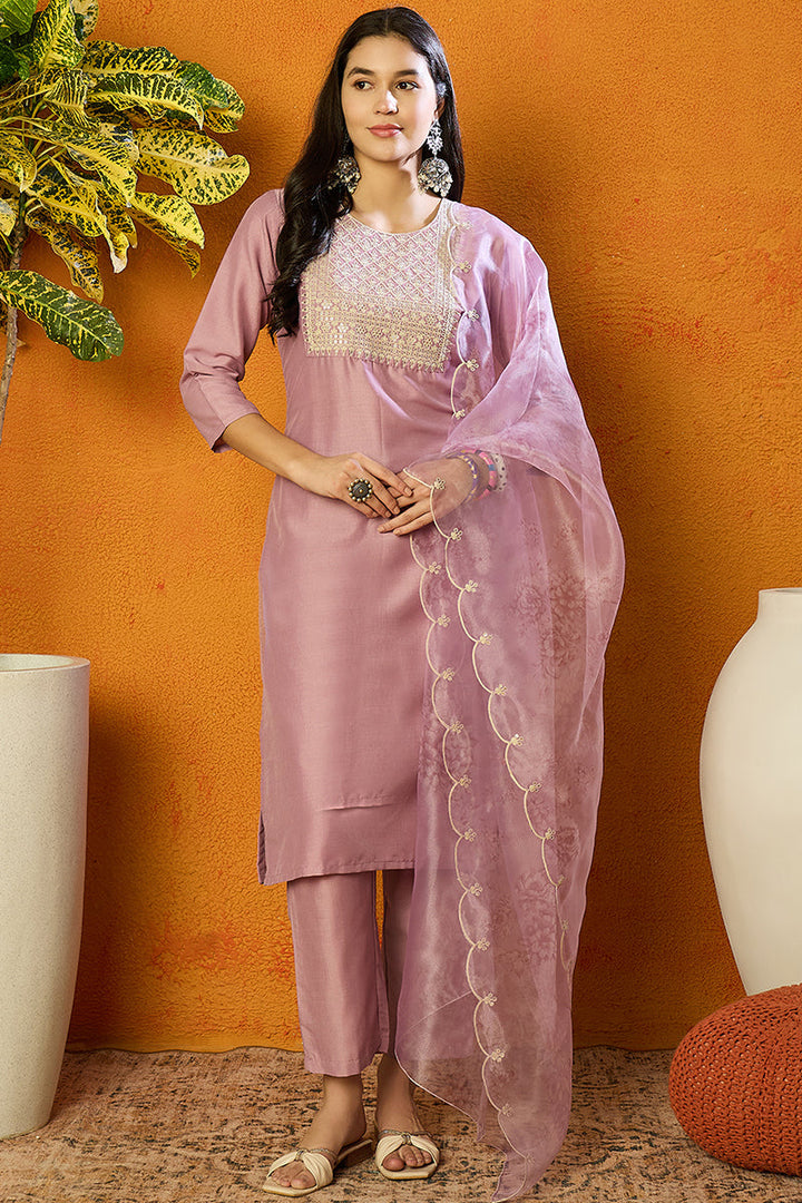 Lavender Poly Silk Straight Kurta Pant With Dupatta | SHOBITAM