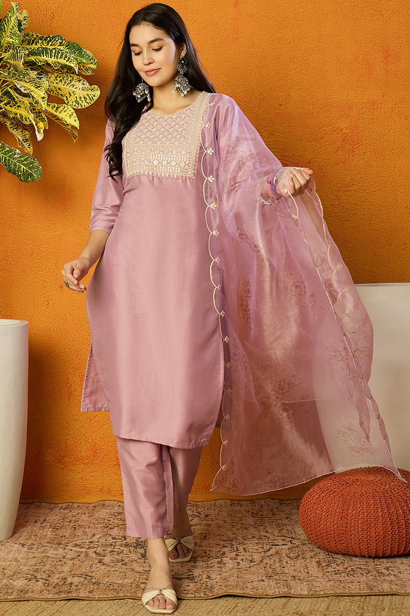 Lavender Poly Silk Straight Kurta Pant With Dupatta | SHOBITAM