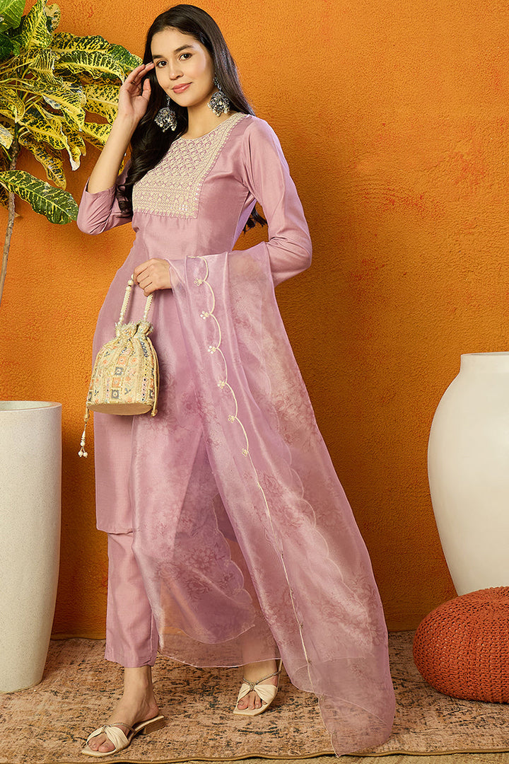 Lavender Poly Silk Straight Kurta Pant With Dupatta | SHOBITAM