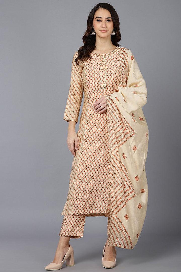 Cream Poly Silk Straight kurta Pant With Dupatta | SHOBITAM
