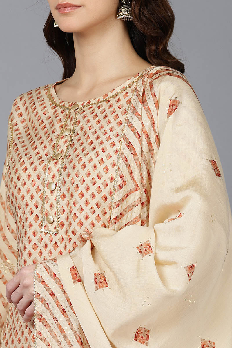Cream Poly Silk Straight kurta Pant With Dupatta | SHOBITAM
